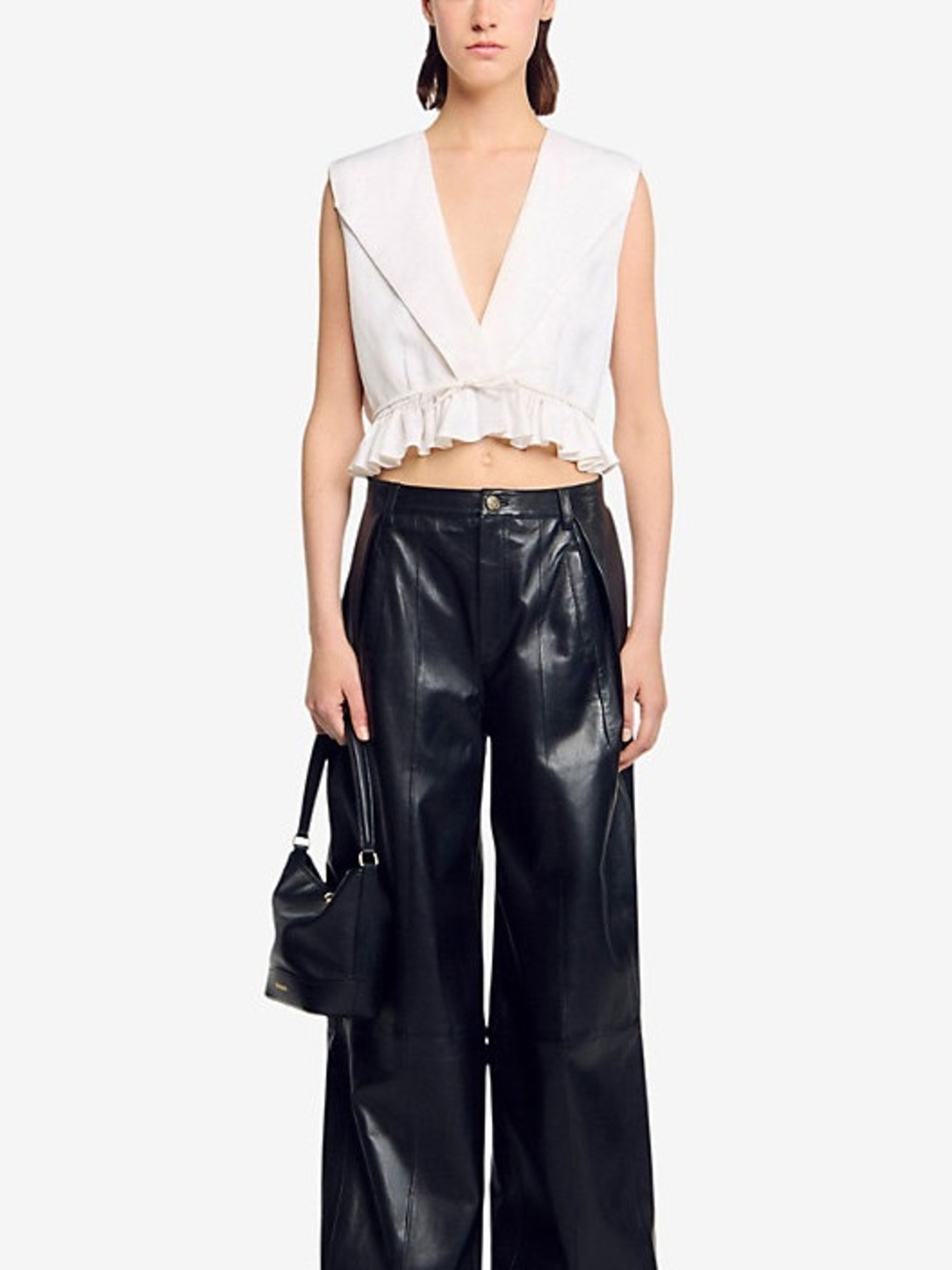 Sandro V-Neck Ruffle-Hem Cropped Top Linen Vest